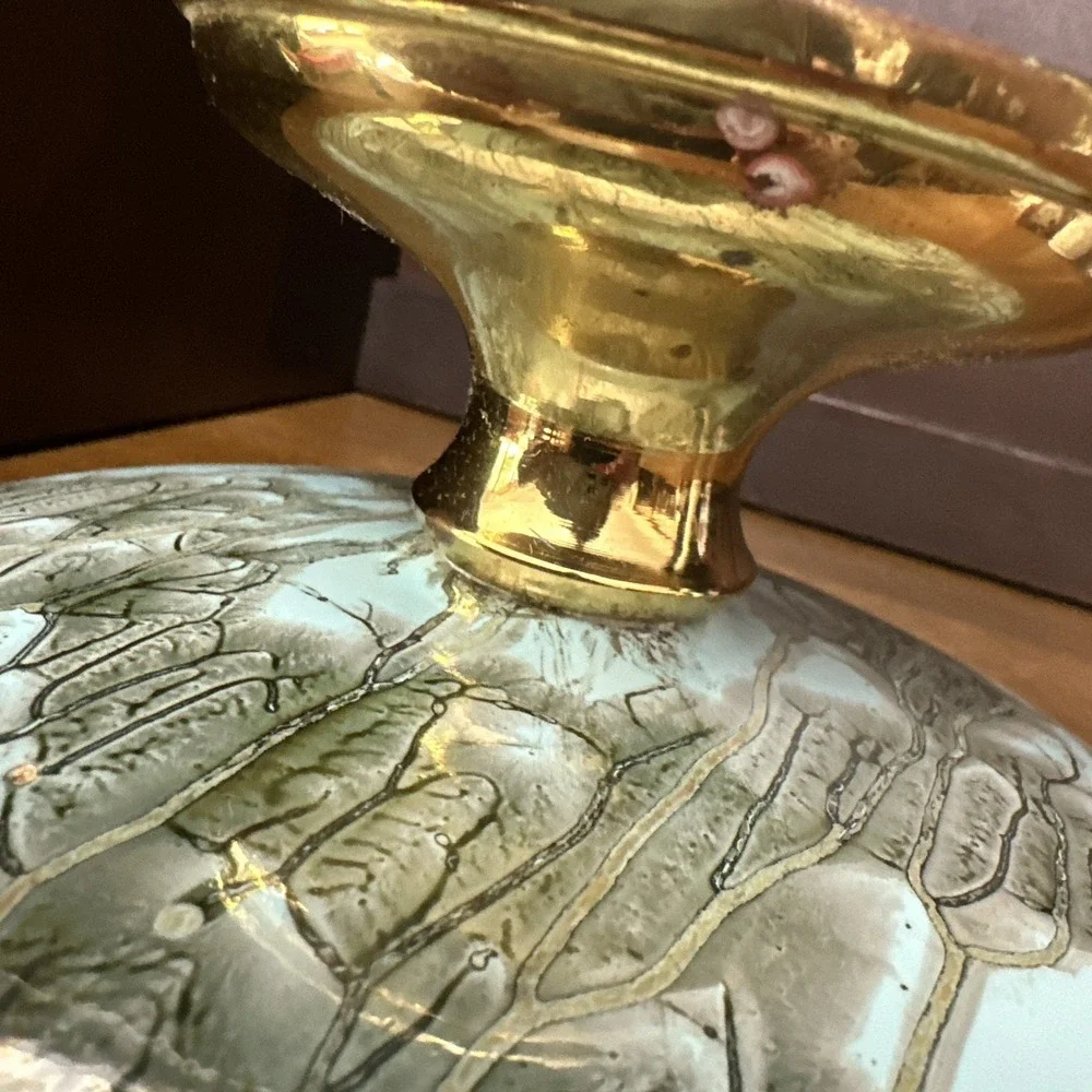 Delft Holland Pedestal Bowl Gold Trim Sea Green Hand Painted Dish MCM Vintage